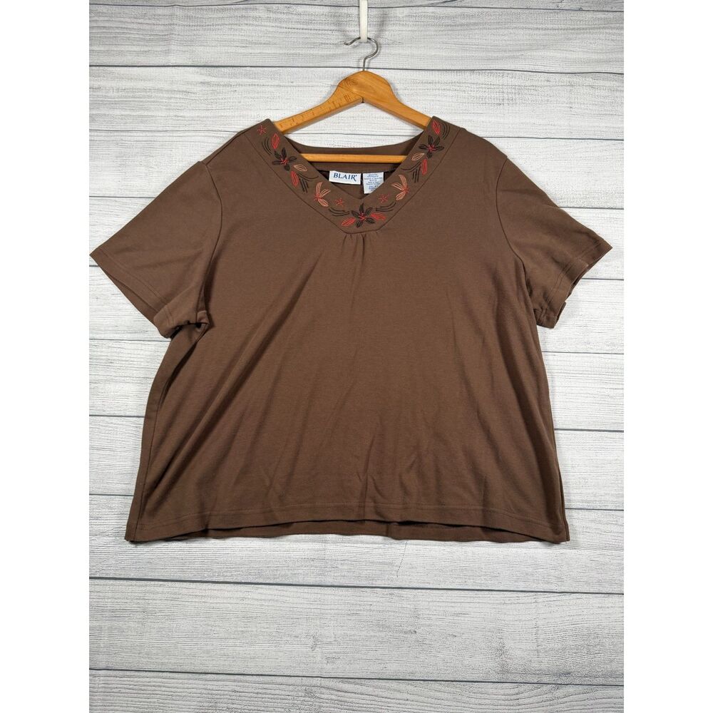 Blair Womens 2XL Brown Floral Embroidered V Neck Short Sleeve Top 4053
